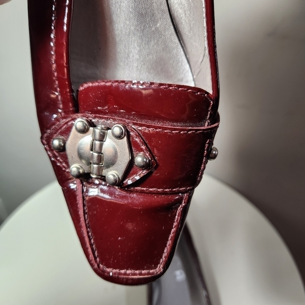 Deep Burgundy Ballet Square Heel & Toe Leather Shoes Silver Decor Size 7.5 - Picture 3 of 5